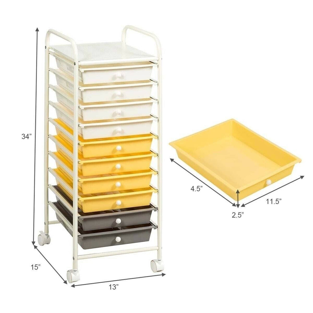 Yellow 10 Drawer Rolling Storage Cart Y408