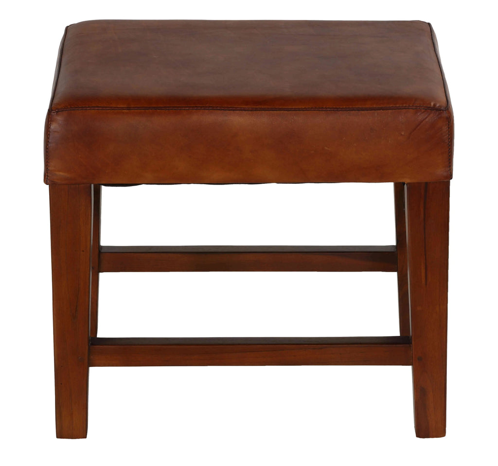 Genuine Leather Ottoman with Solid Teak Wood Legs, Brown O965