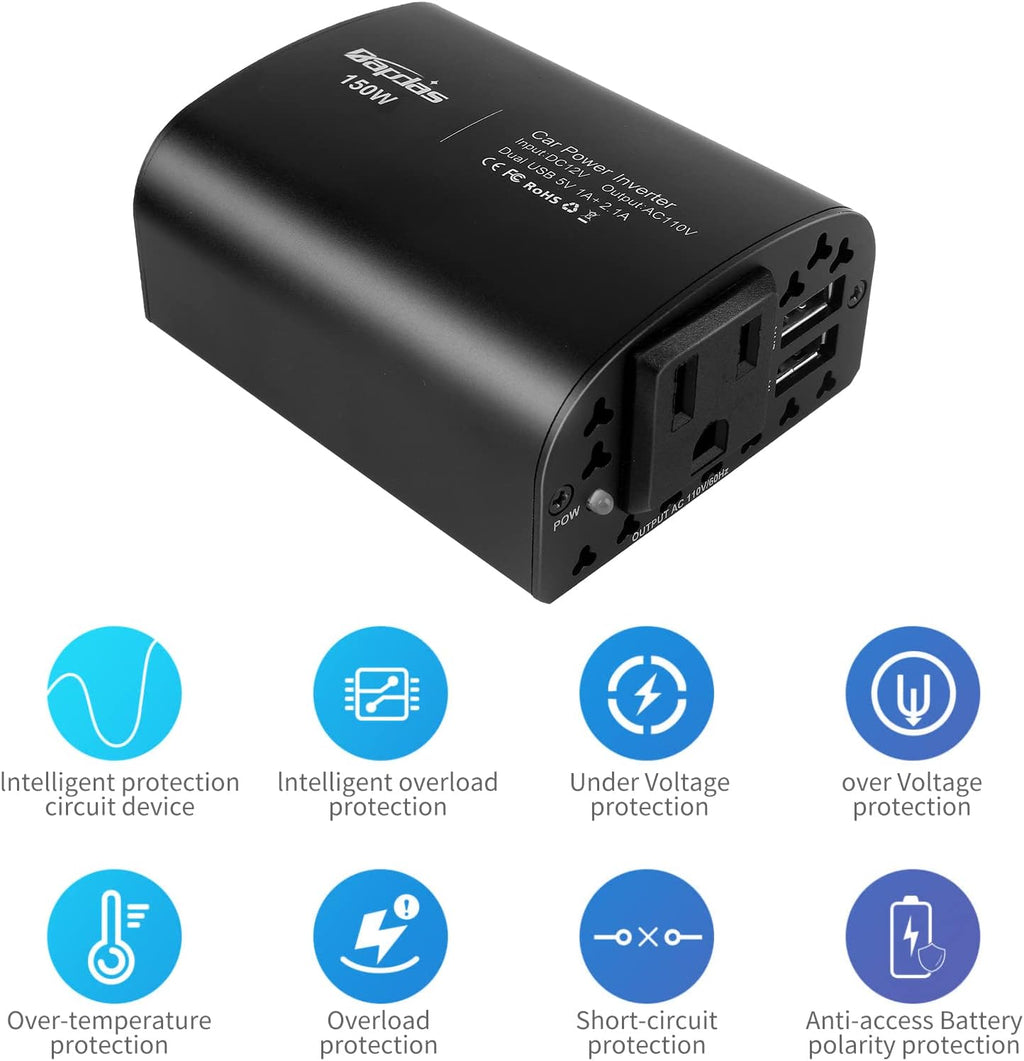 150W Car Power Inverter DC 12V to 110V AC 2 USB Ports Black Pack of 2 Z639