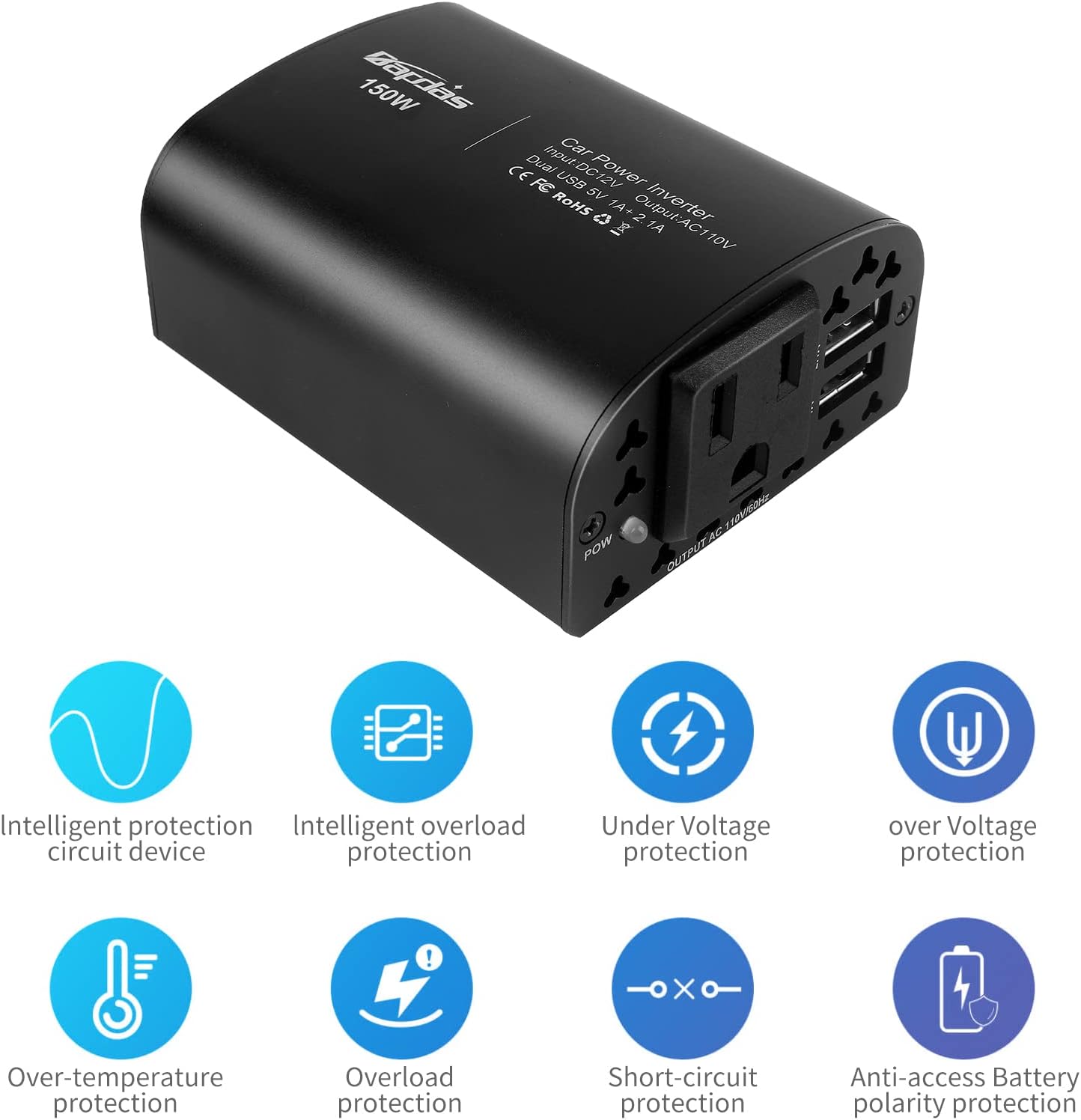 150W Car Power Inverter DC 12V to 110V AC 2 USB Ports Black Pack of 2 Z639