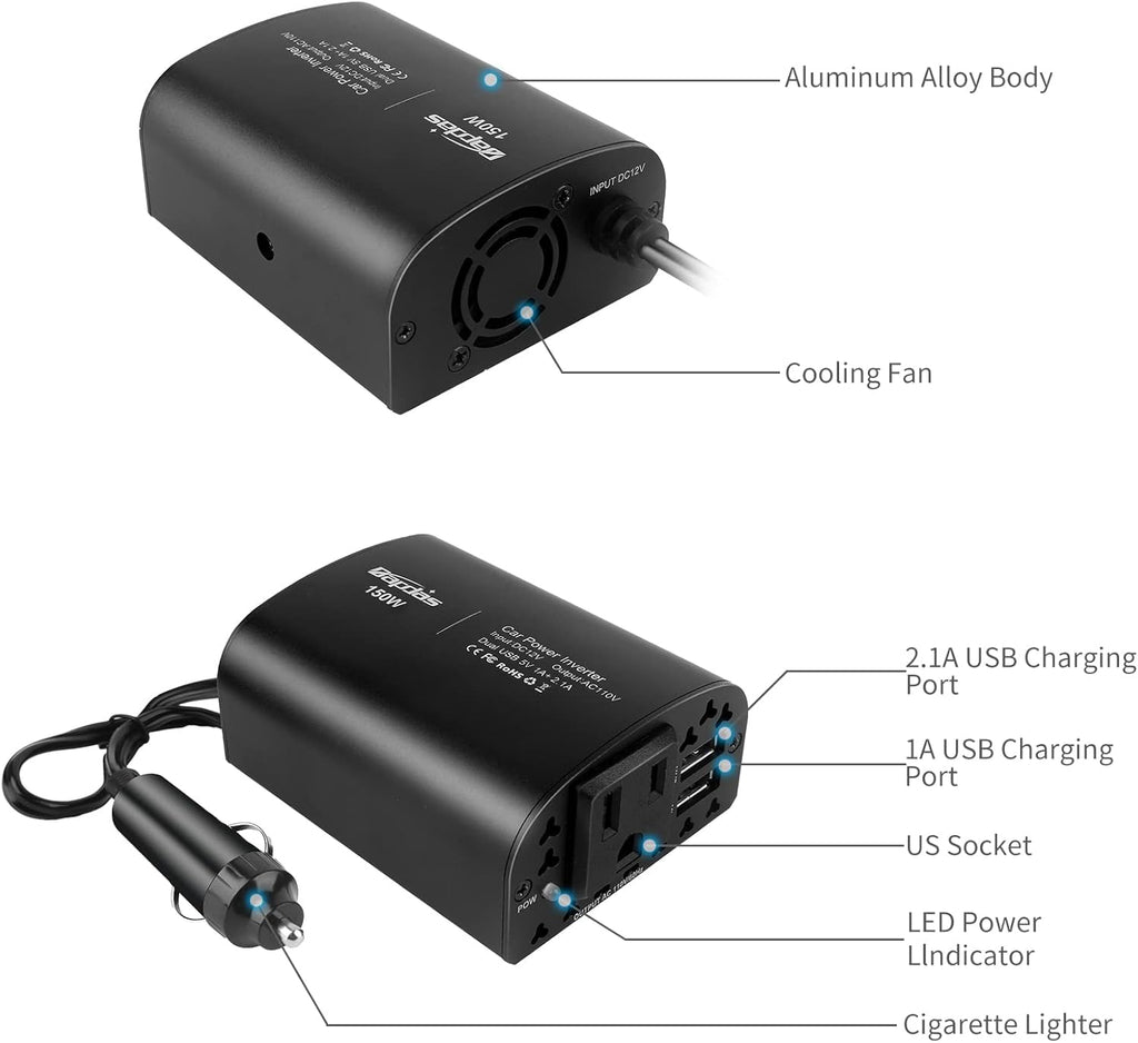 150W Car Power Inverter DC 12V to 110V AC 2 USB Ports Black Pack of 2 Z639