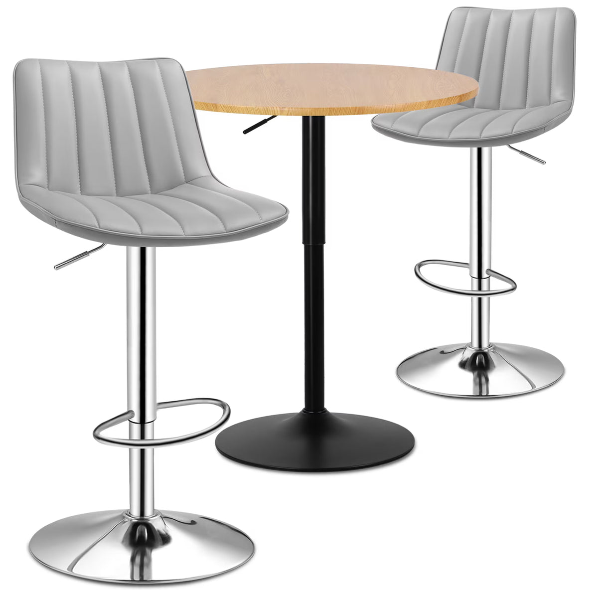 3 Pieces Bar Table and Chair Set with Swivel PU Leather Bar Stools, Grey/Natural N383