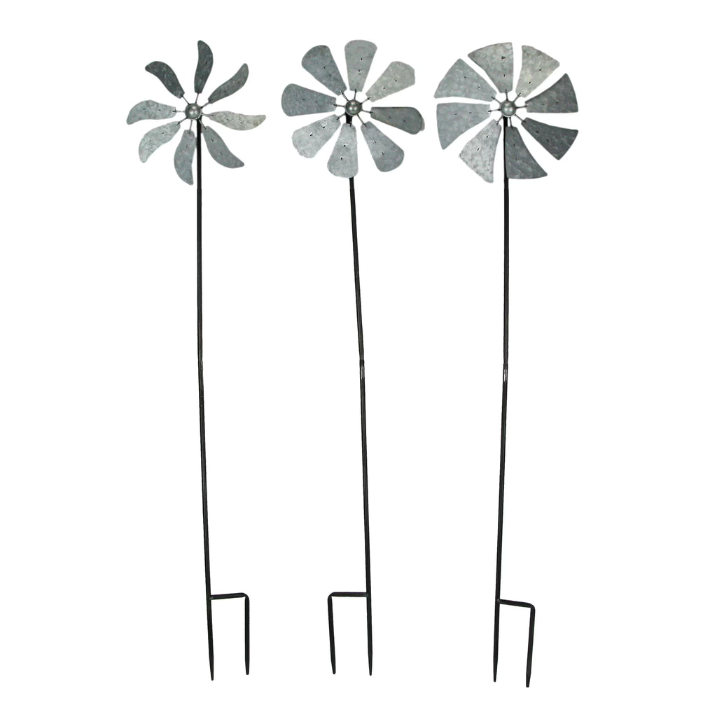 Silver Metal Windmill Wind Spinner Garden Stakes Set of 3 B52112