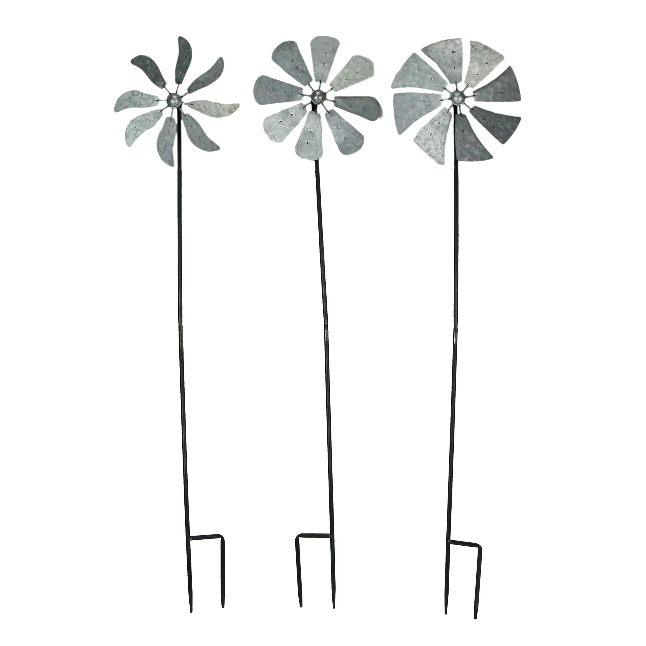 Silver Metal Windmill Wind Spinner Garden Stakes Set of 3 B52112