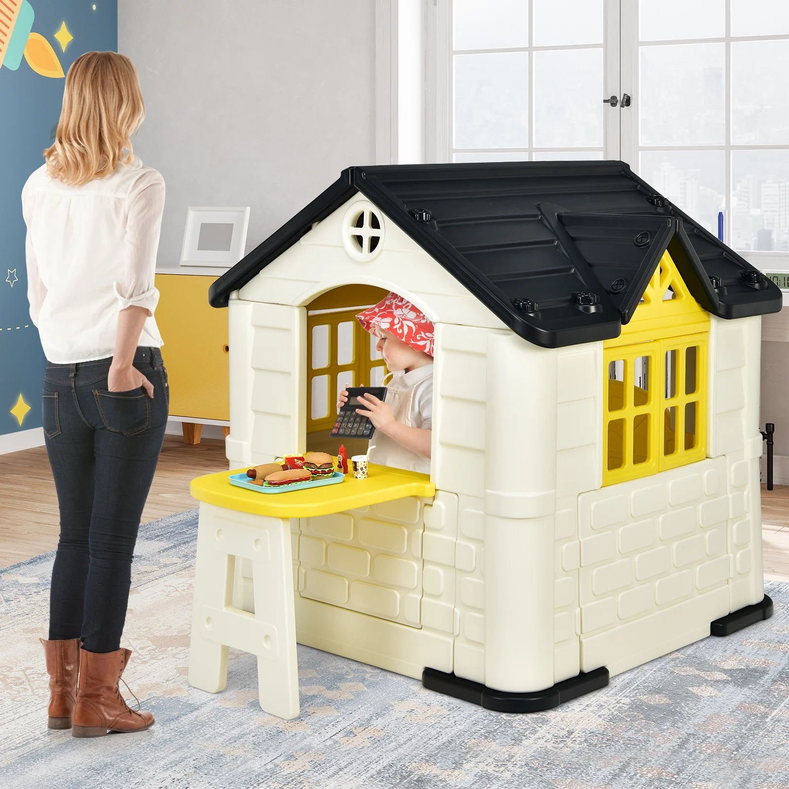 Yellow Playhouse Games Cottage with 7 PCS Toy Set and Waterproof Cover Y276112