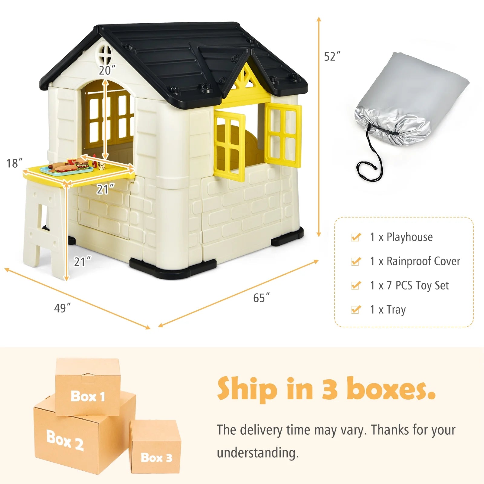 Yellow Playhouse Games Cottage with 7 PCS Toy Set and Waterproof Cover Y276112