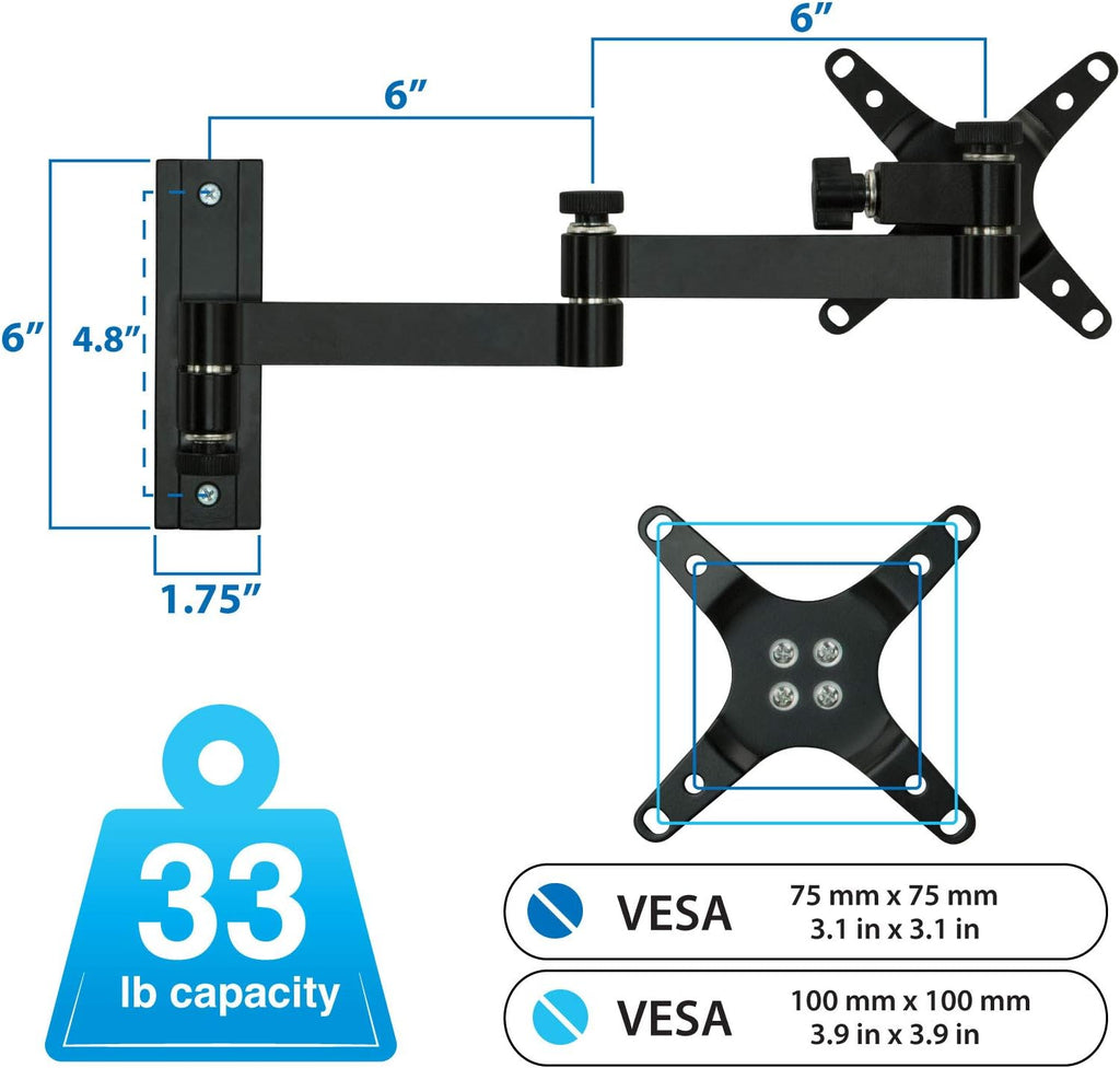 Full Motion Computer Monitor Wall Mount, Articulating Arm, VESA 75 and 100, 33 lb Capacity, Black, Pack of 2 M58443