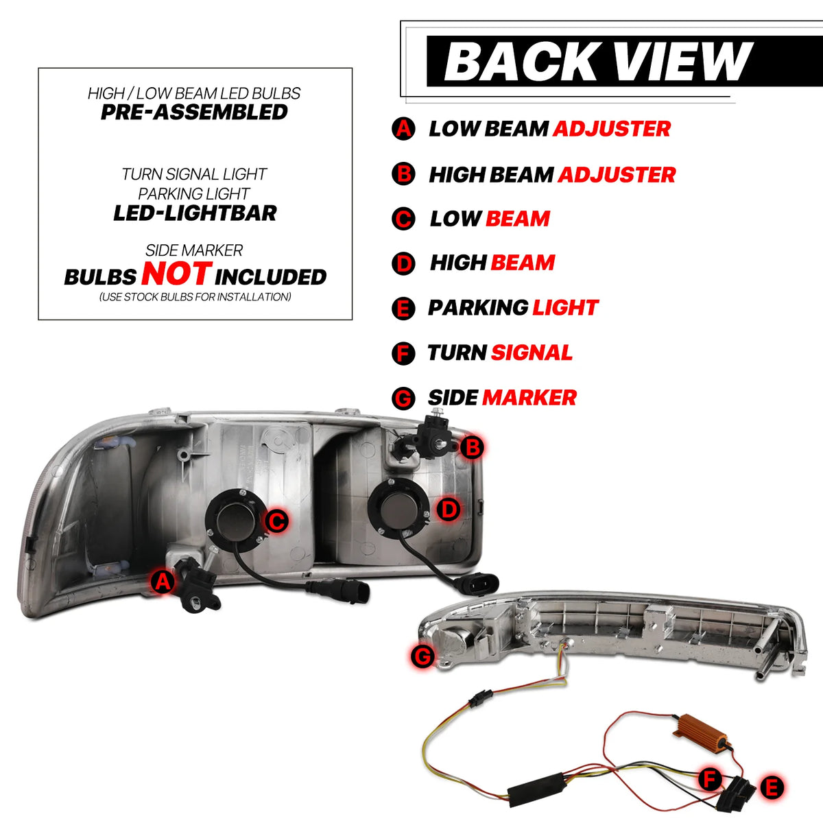 Switchback LED Tube DRL Headlights Assembly with 2 Pairs Pre-Assembled LED Bulbs N792349