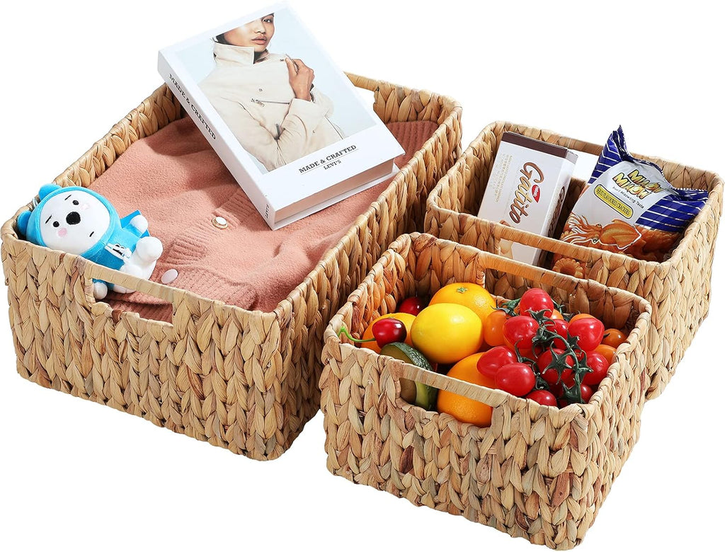 Black Woven Storage Baskets with Handles, Set of 3 V488