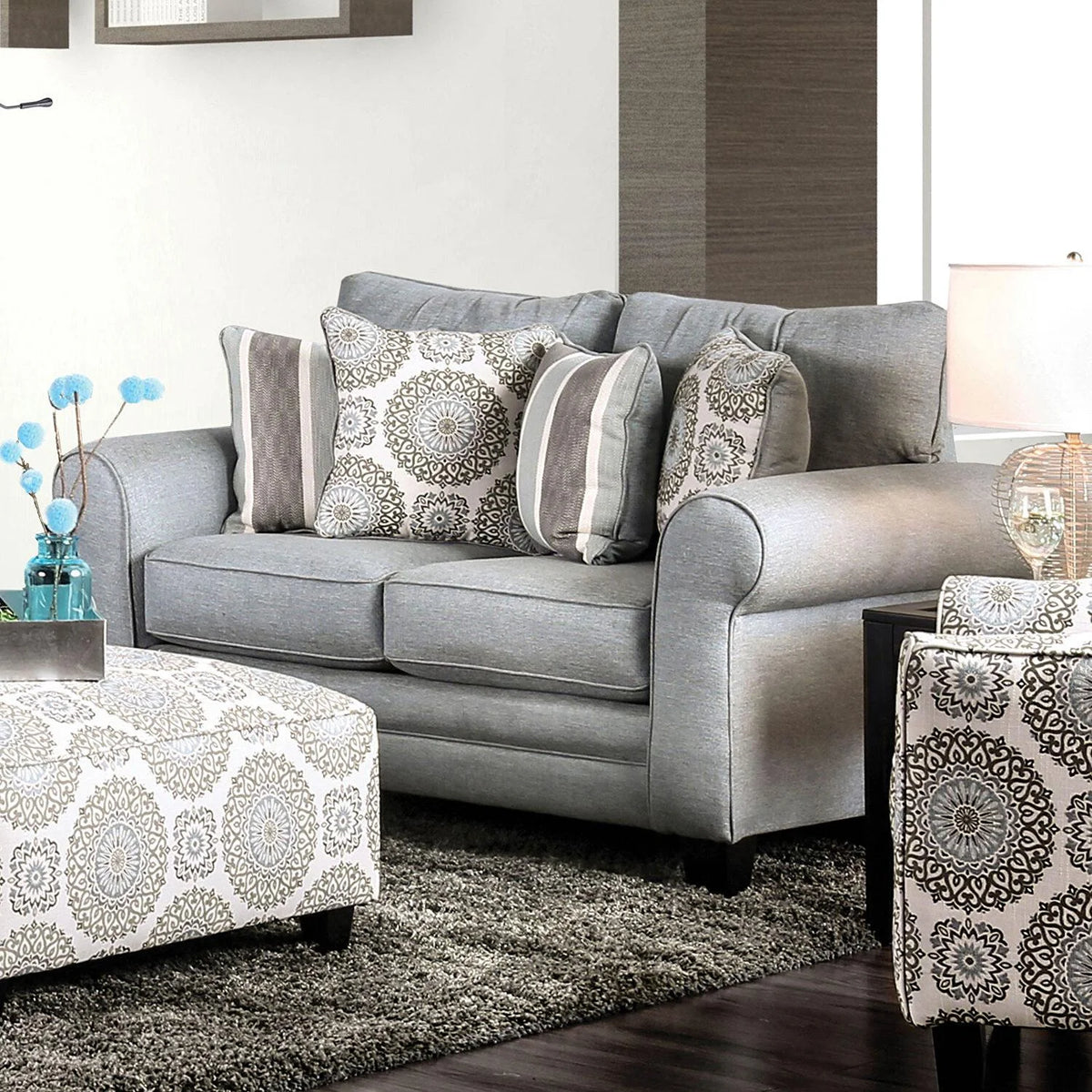 Blue Gray Fabric Living Room Set 5pcs W5818