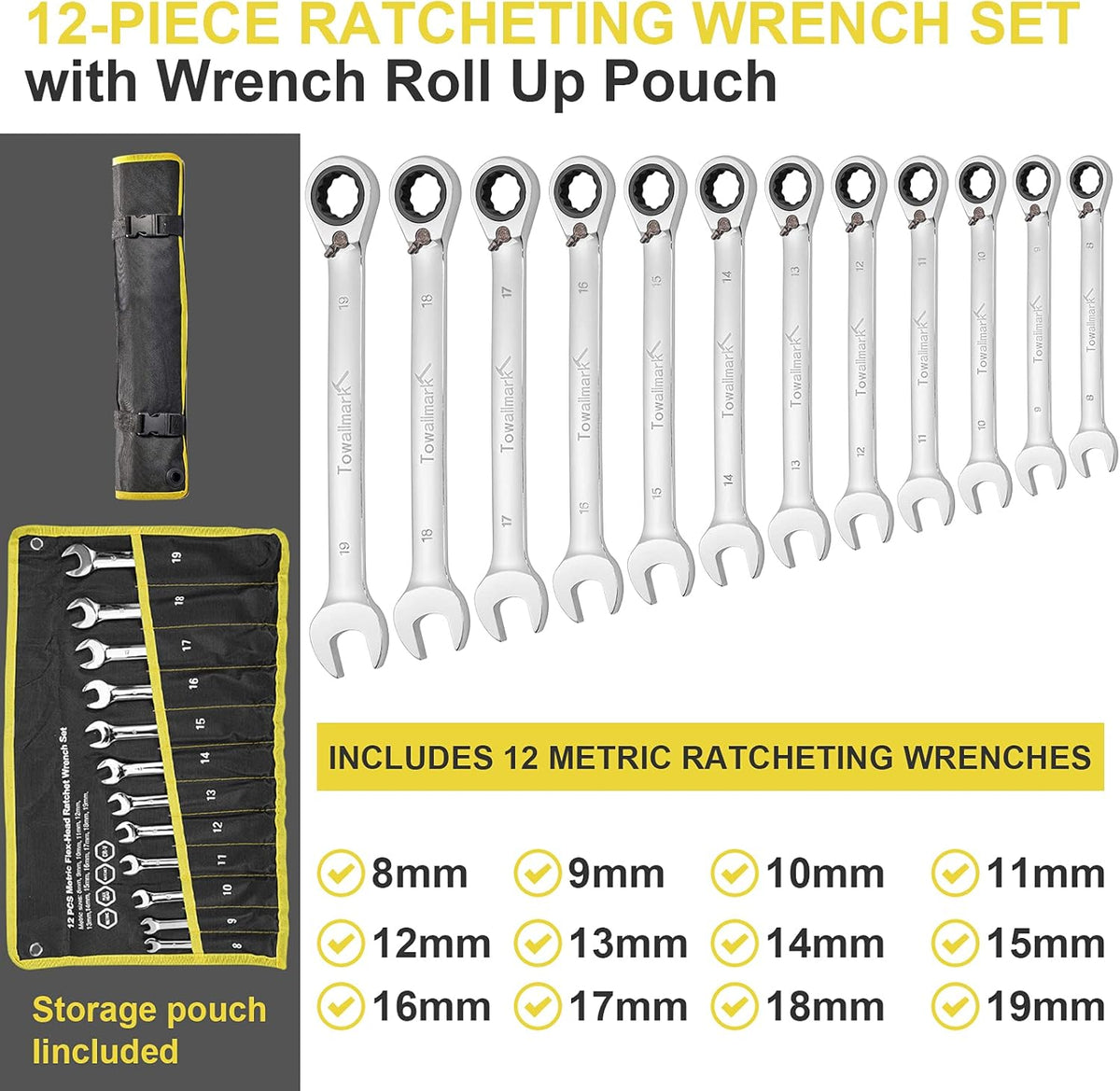 12-Piece Reversible Ratchet Combination Wrench Set, Metric, 8mm-19mm Chrome Vanadium Steel G432967
