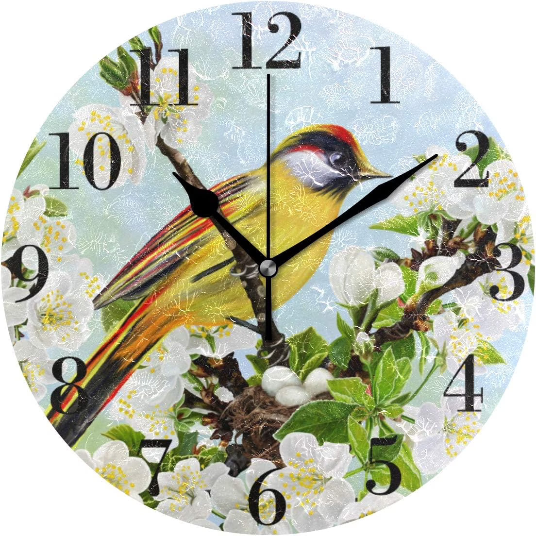 Yellow Bird Cherry Blossoms 9.8 Inch Silent Round Wall Clock W9769