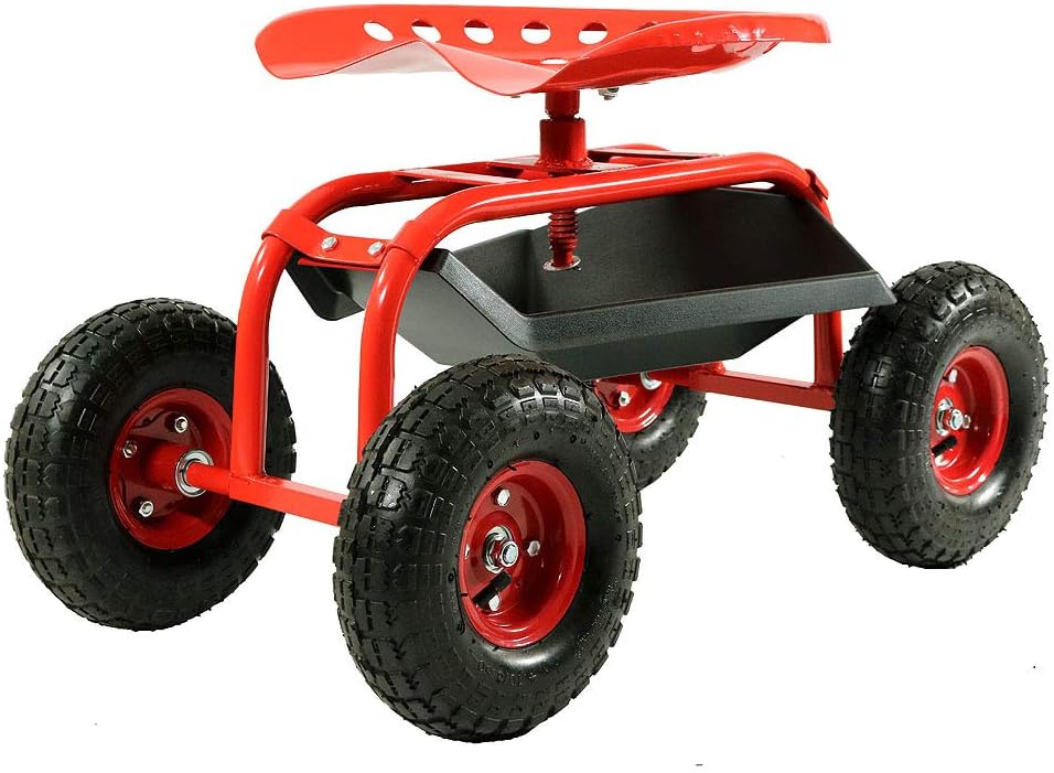 Red Rolling Garden Cart with 360 Swivel Seat P101776