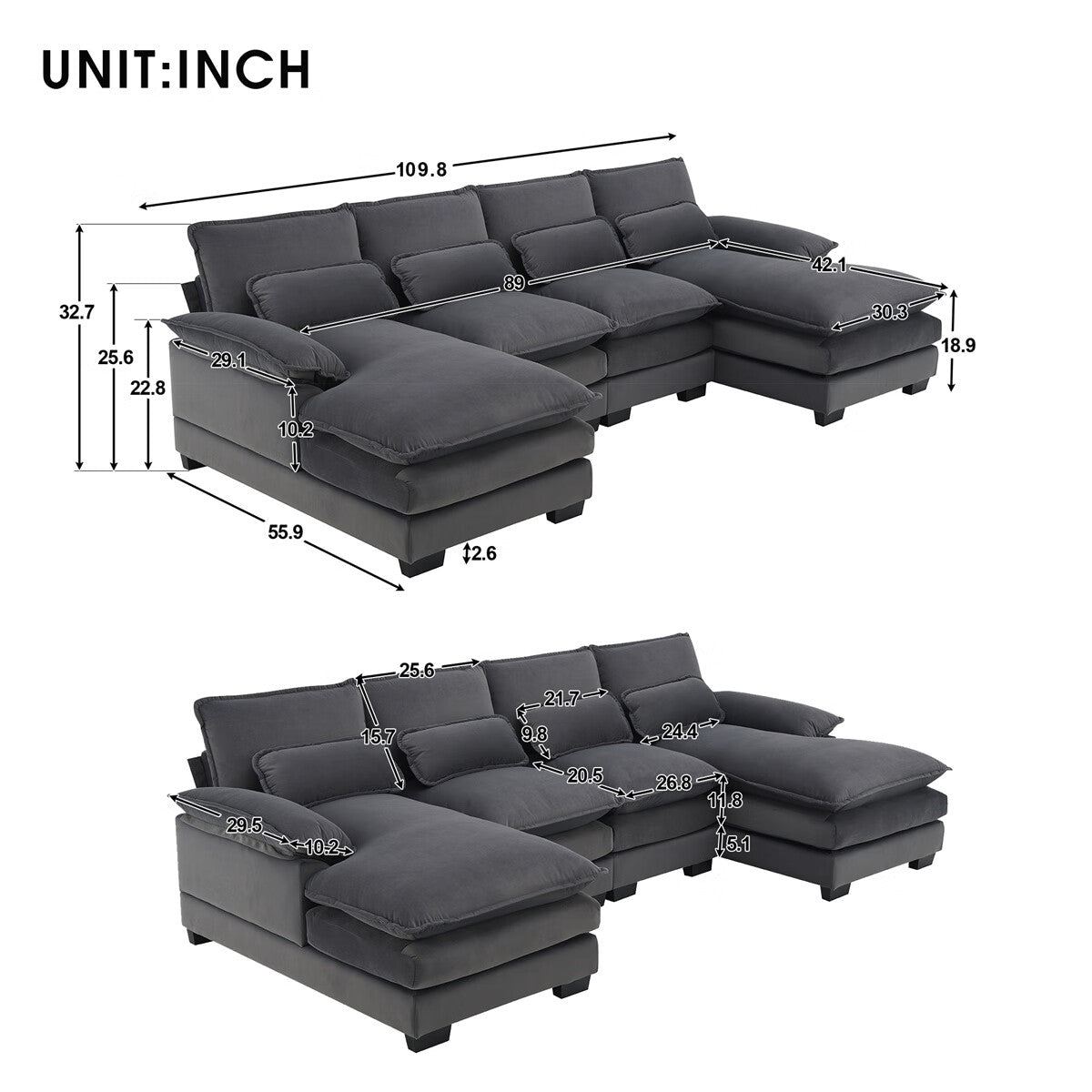 U-shaped Sectional Sofa with Waist Pillows J81643