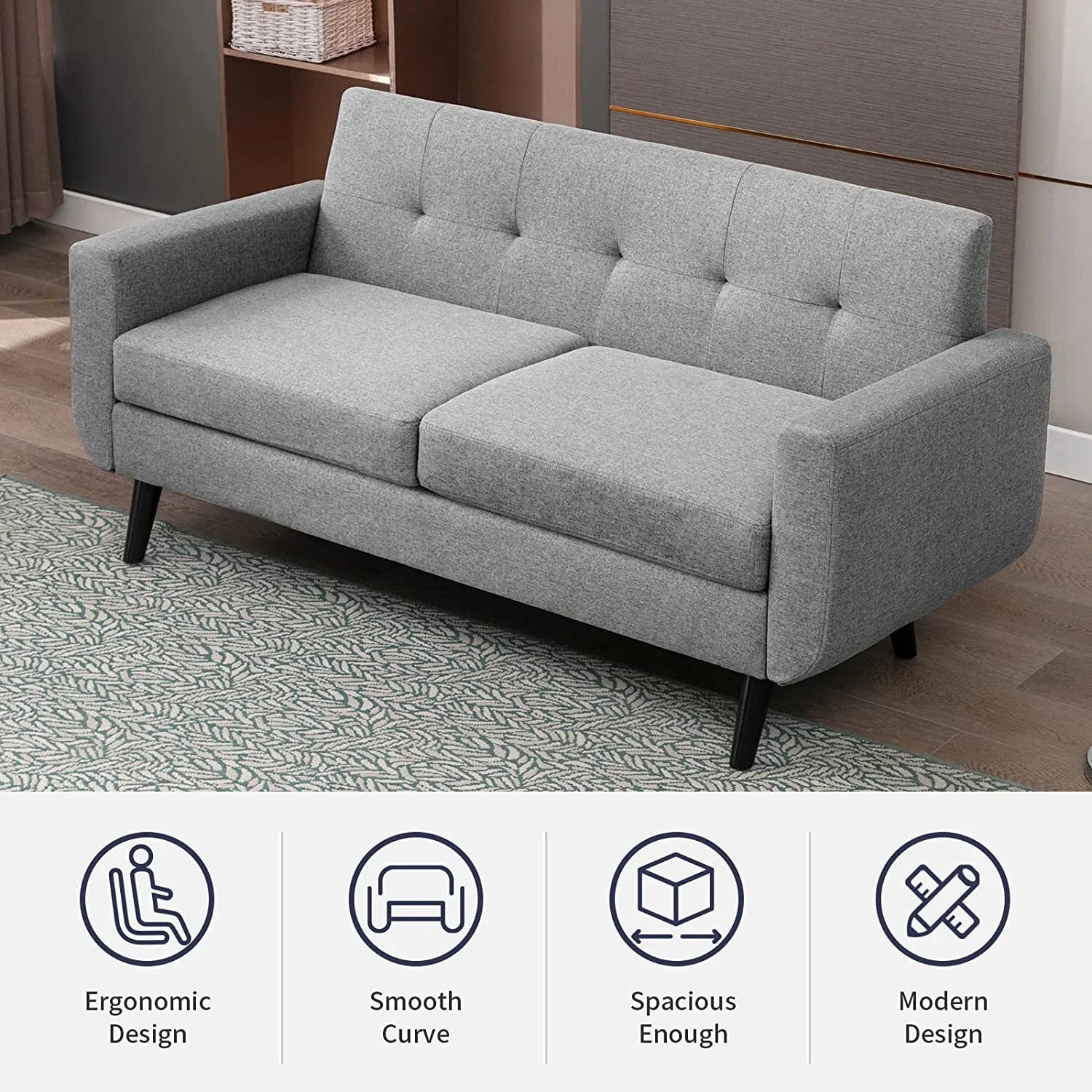 68" Futon Sofa 2-Seat Loveseat with Cushion, Light Gray R581