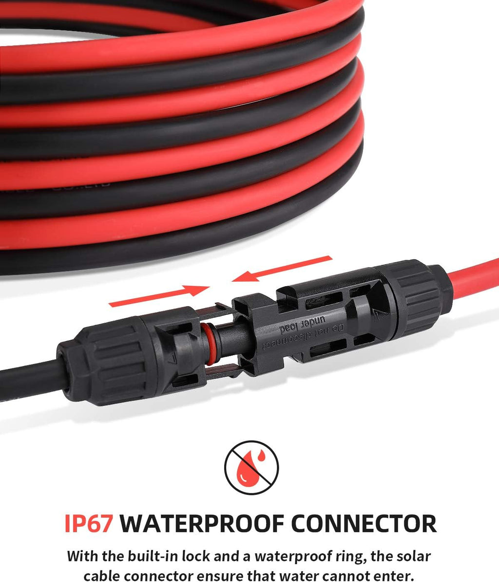50 Feet 10AWG Solar Extension Cable with Female and Male Connector, Red and Black F4907