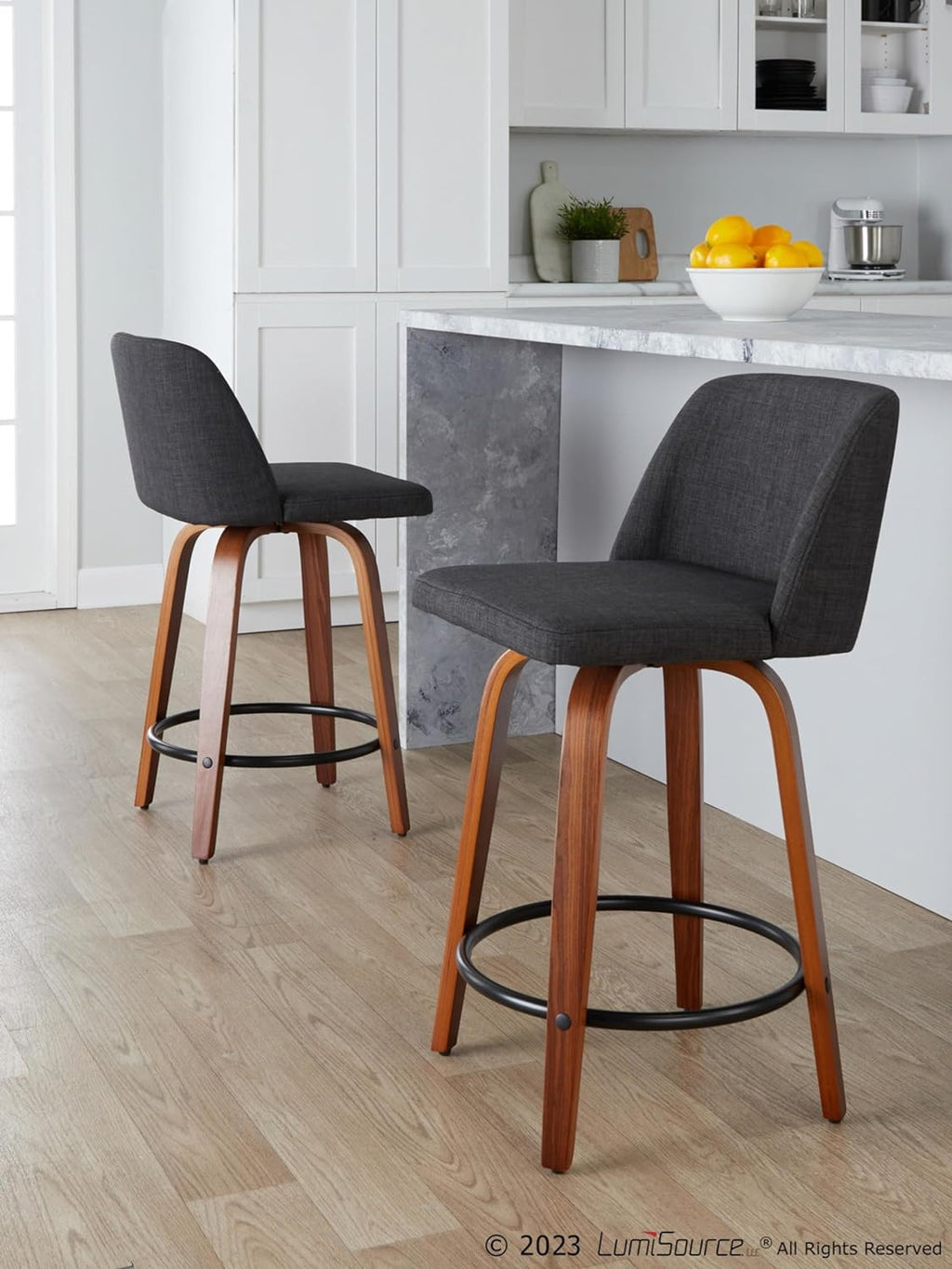 24" Counter Stool With Swivel In Walnut Wood And Charcoal Fabric - Set Of 2 A75985