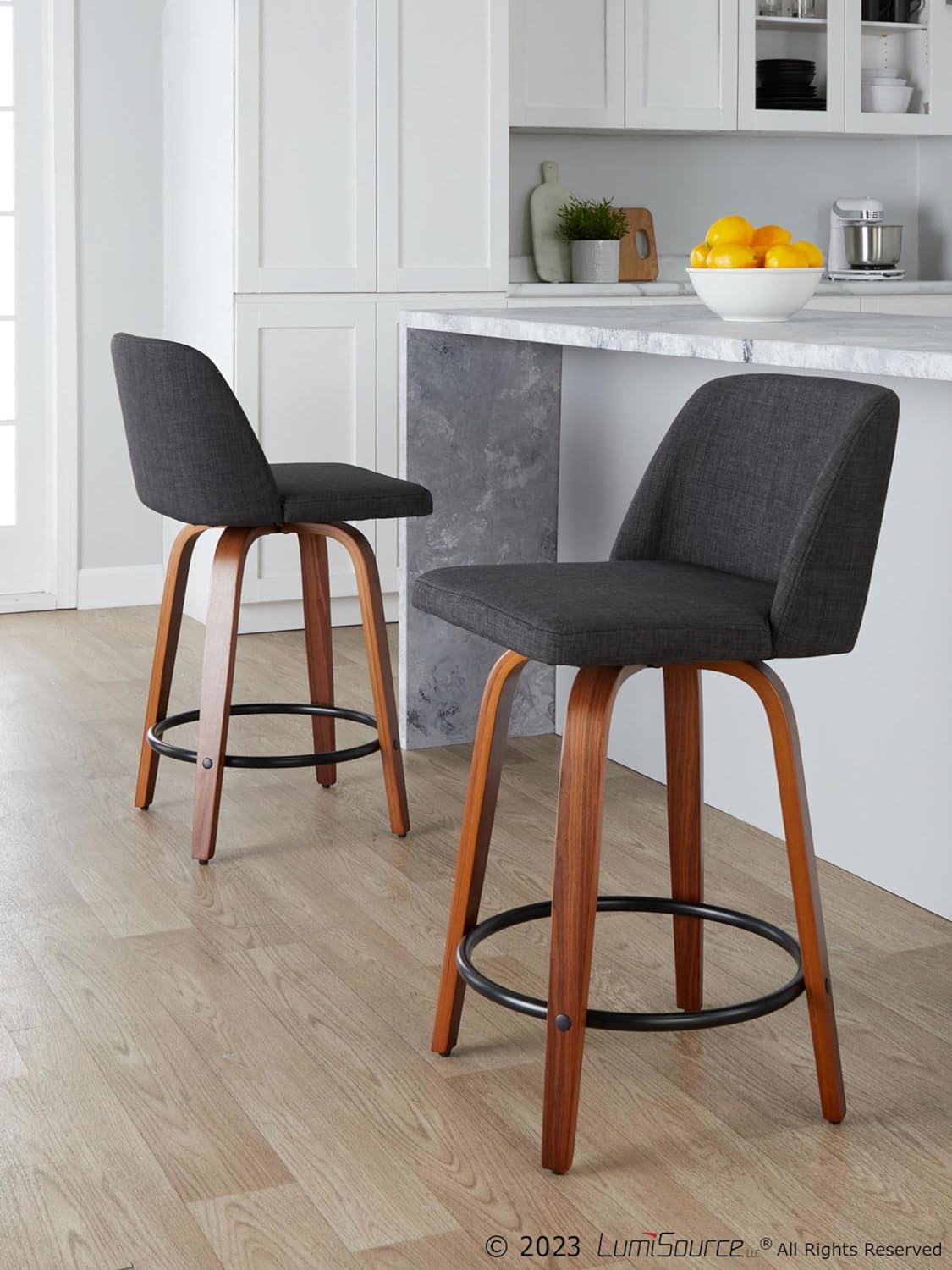 24" Counter Stool With Swivel In Walnut Wood And Charcoal Fabric - Set Of 2 A75985