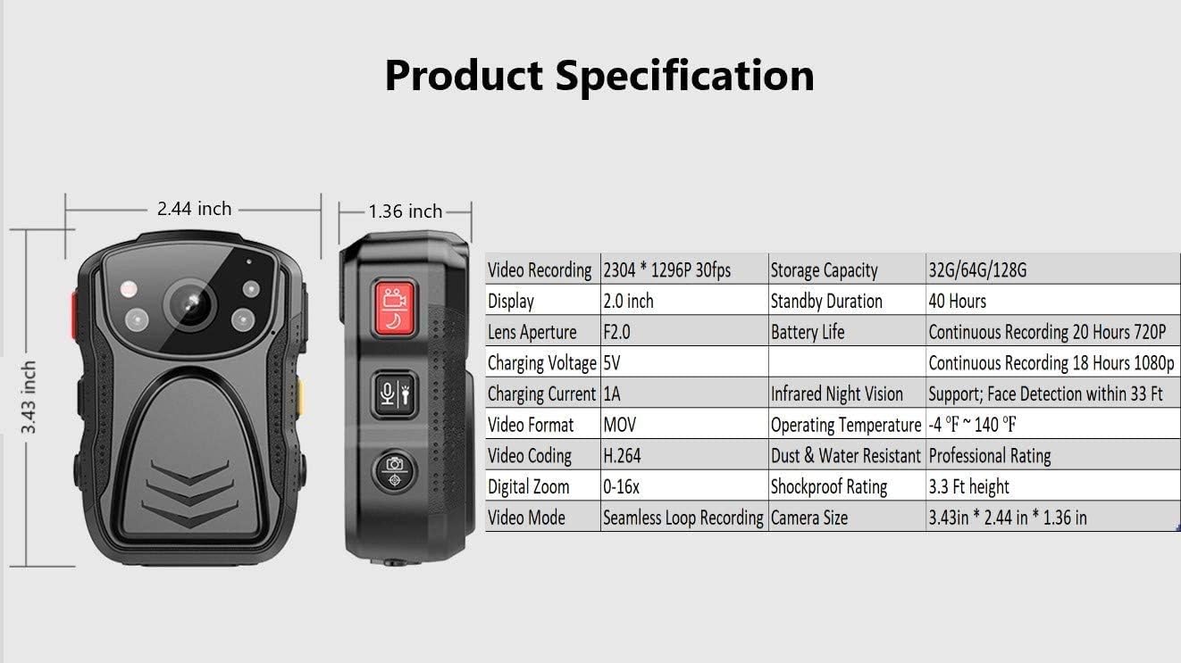 1296P UHD Body Camera with Audio, 128GB, 2 Inch Display, Night Vision, Waterproof, Shockproof X49099