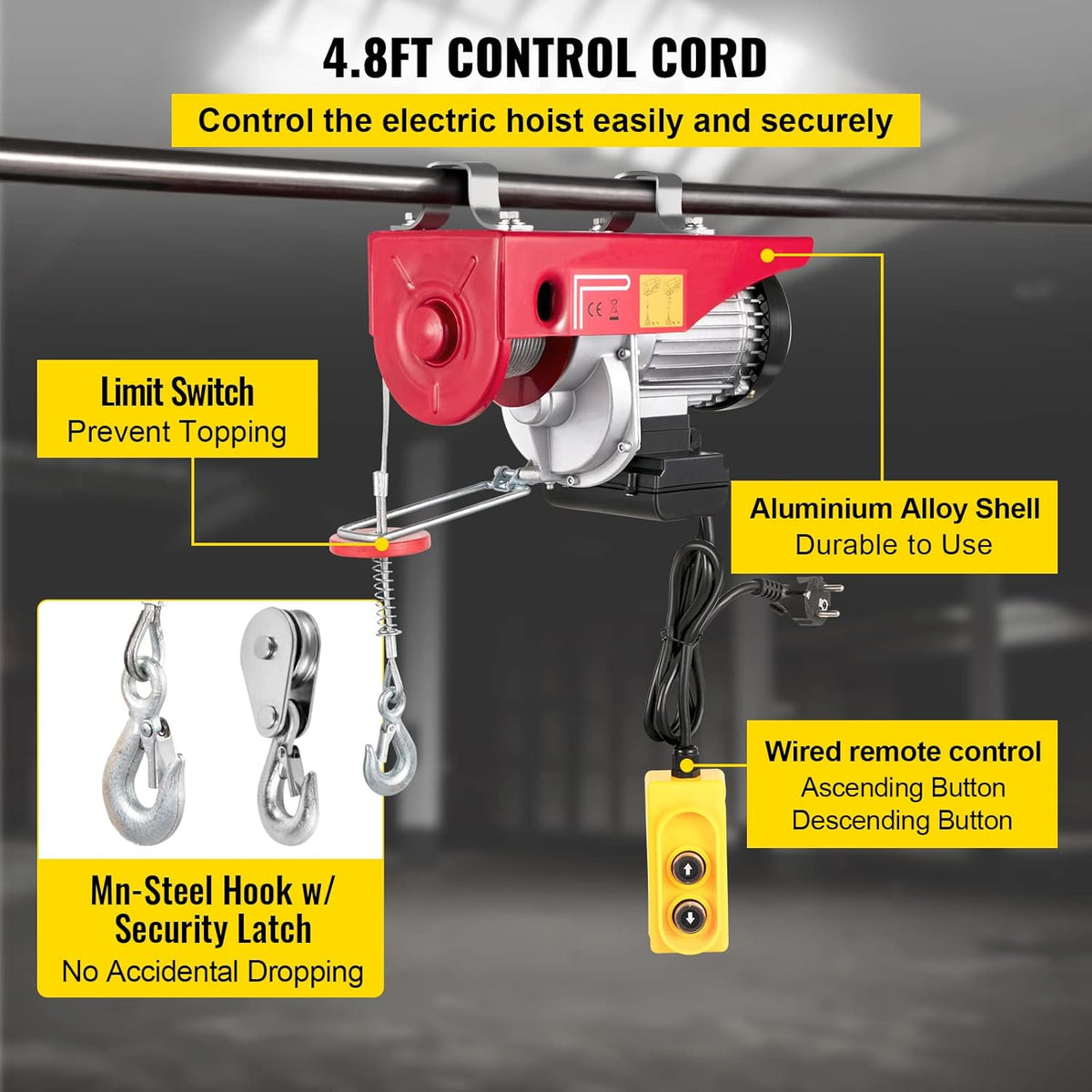 2200 lb Electric Hoist with Remote Control, 110V Red Y649421