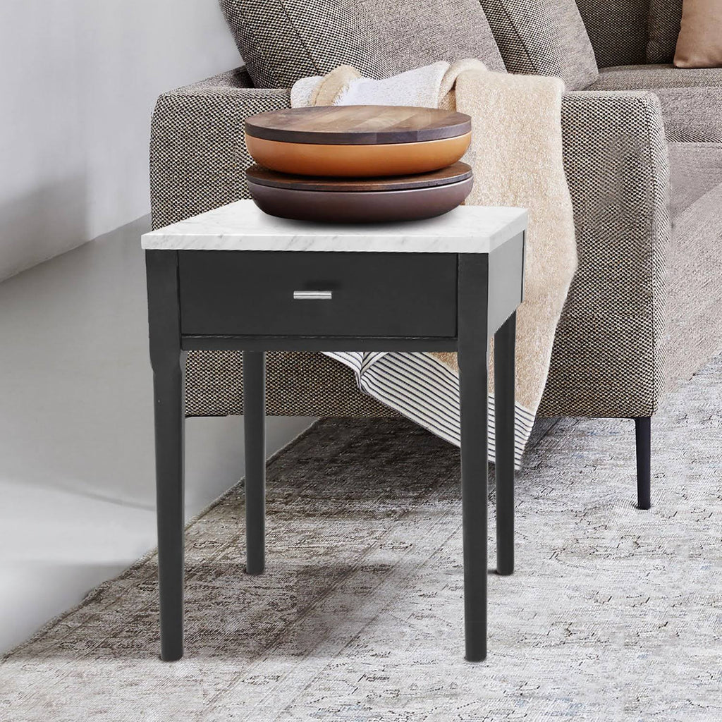 18x22 Square Italian Carrara White Marble Side Table with Black Leg E7598