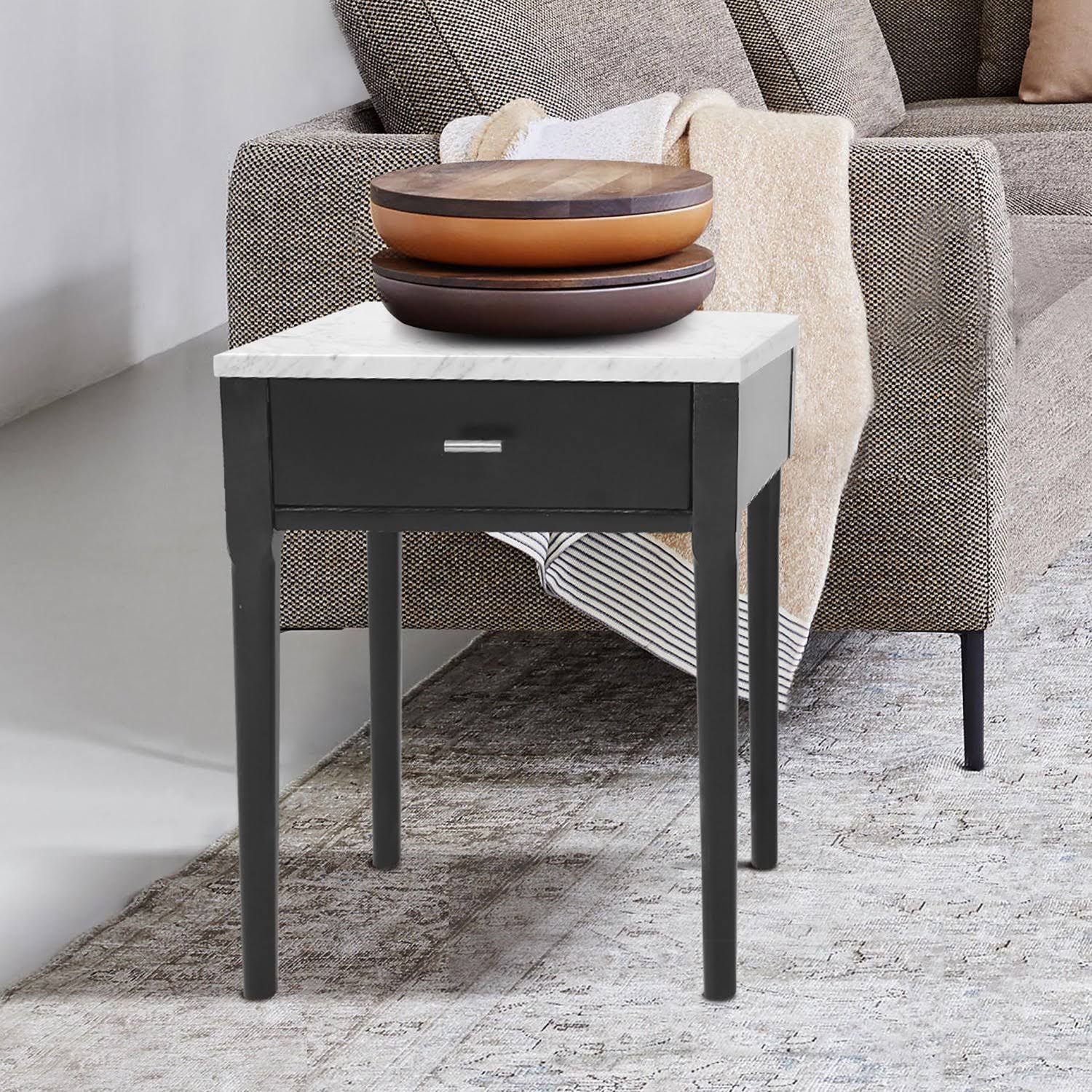 18x22 Square Italian Carrara White Marble Side Table with Black Leg E7598