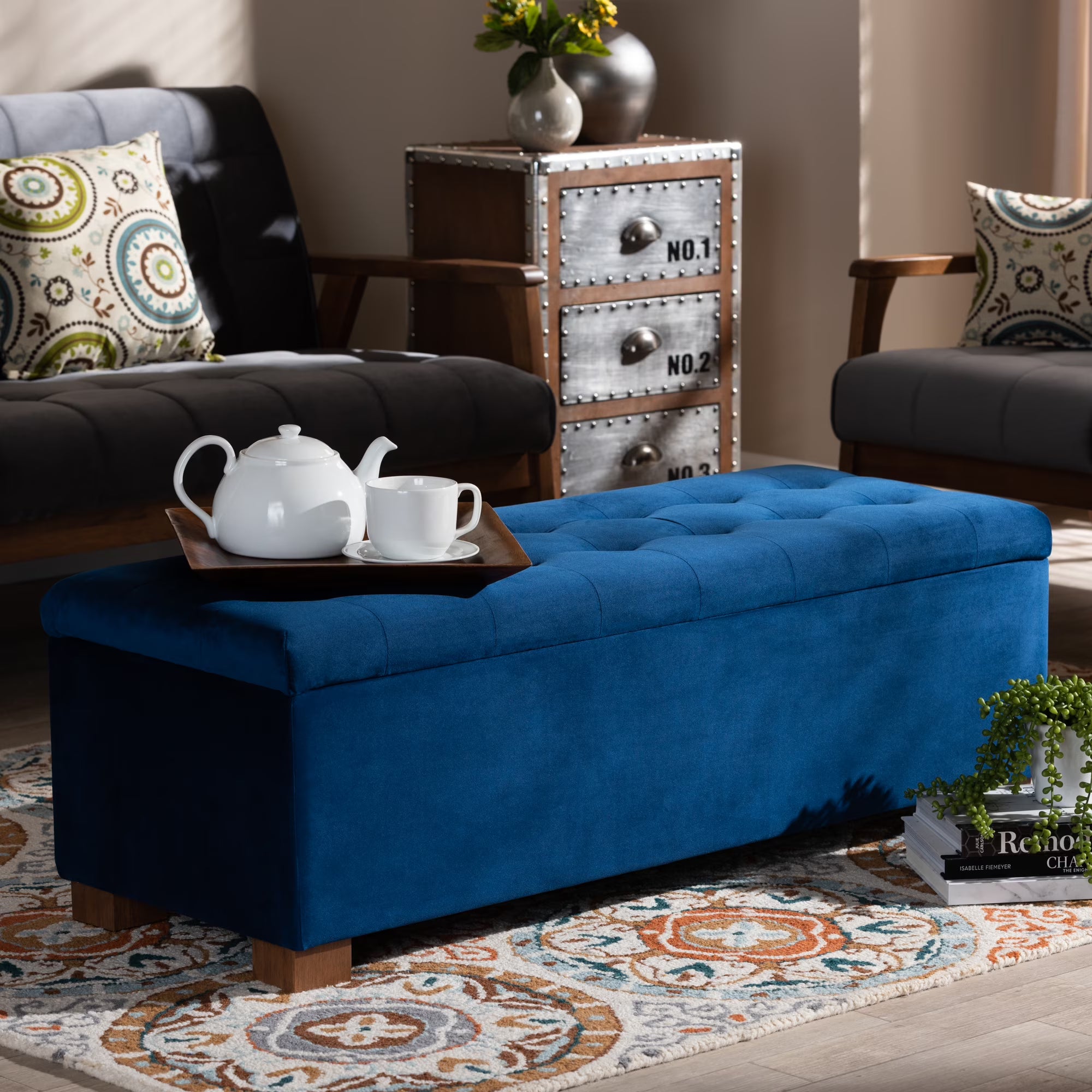 Navy Blue Velvet Storage Ottoman Bench Q516483