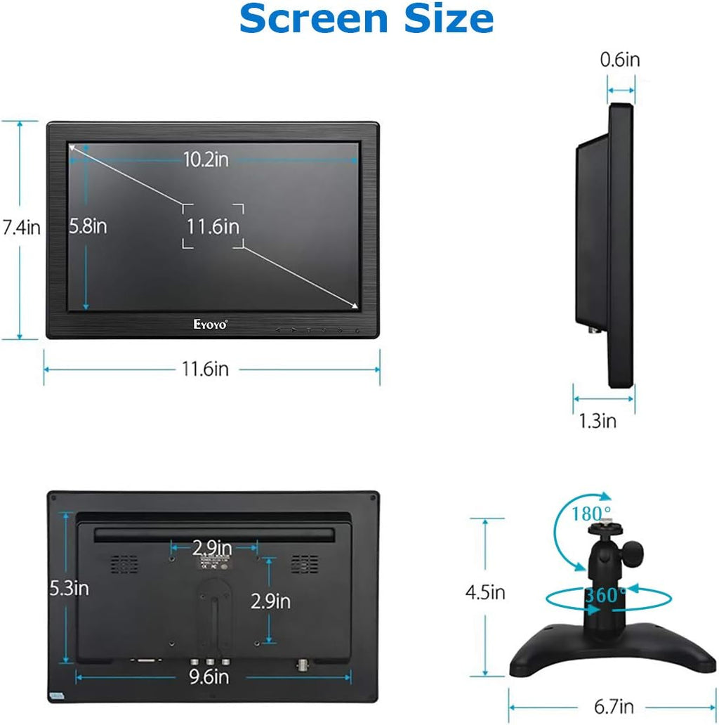12" TFT LCD Monitor with AV HDMI BNC VGA Input 1366x768 Portable HD Display with Built-in Speaker D504