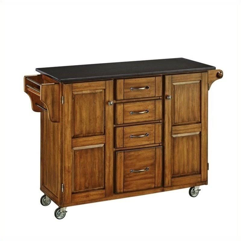 Black Granite Kitchen Cart in Cottage Oak Wood K188