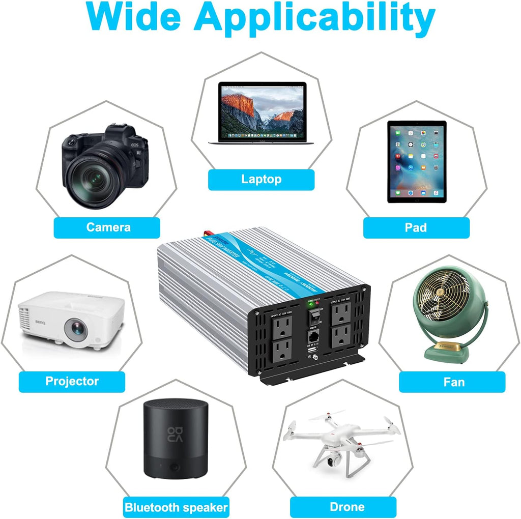 1500 Watt Pure Sine Wave Power Inverter 12V DC to 110V AC with LCD Display USB Port 4 AC Outlets G1945