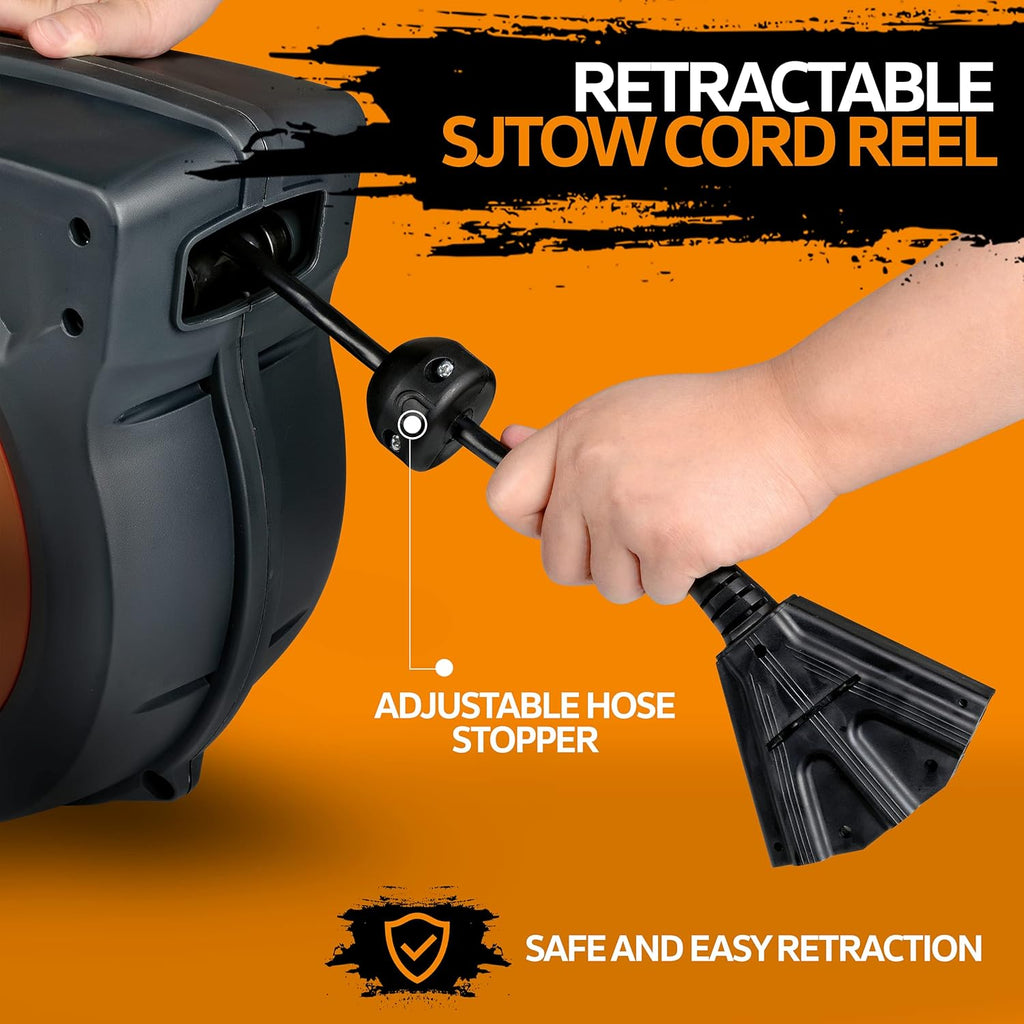 Retractable Extension Cord Reel 16AWG x 50' Feet Industrial Polypropylene Ultra Heavy Duty 3C SJTOW Commercial Ultra Flexible Cable Triple Tap Connector R339284