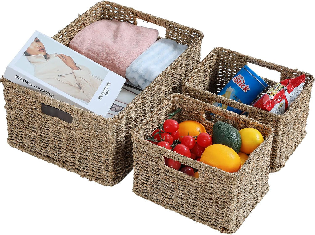 Black Woven Storage Baskets with Handles, Set of 3 V488