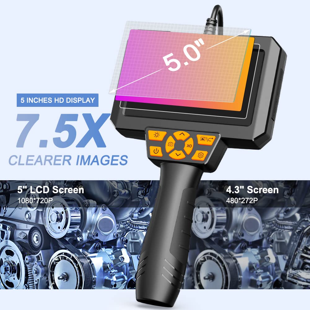 5 Inch Borescope with 6 LED Lights, 10FT Semi-Rigid Cable, IP67 Waterproof Inspection Camera with 32GB Card K94585