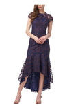 Navy Mesh Embroidered Zippered Lined Cap Sleeve Jewel Neck Maxi Hi-Lo Dress Q9720