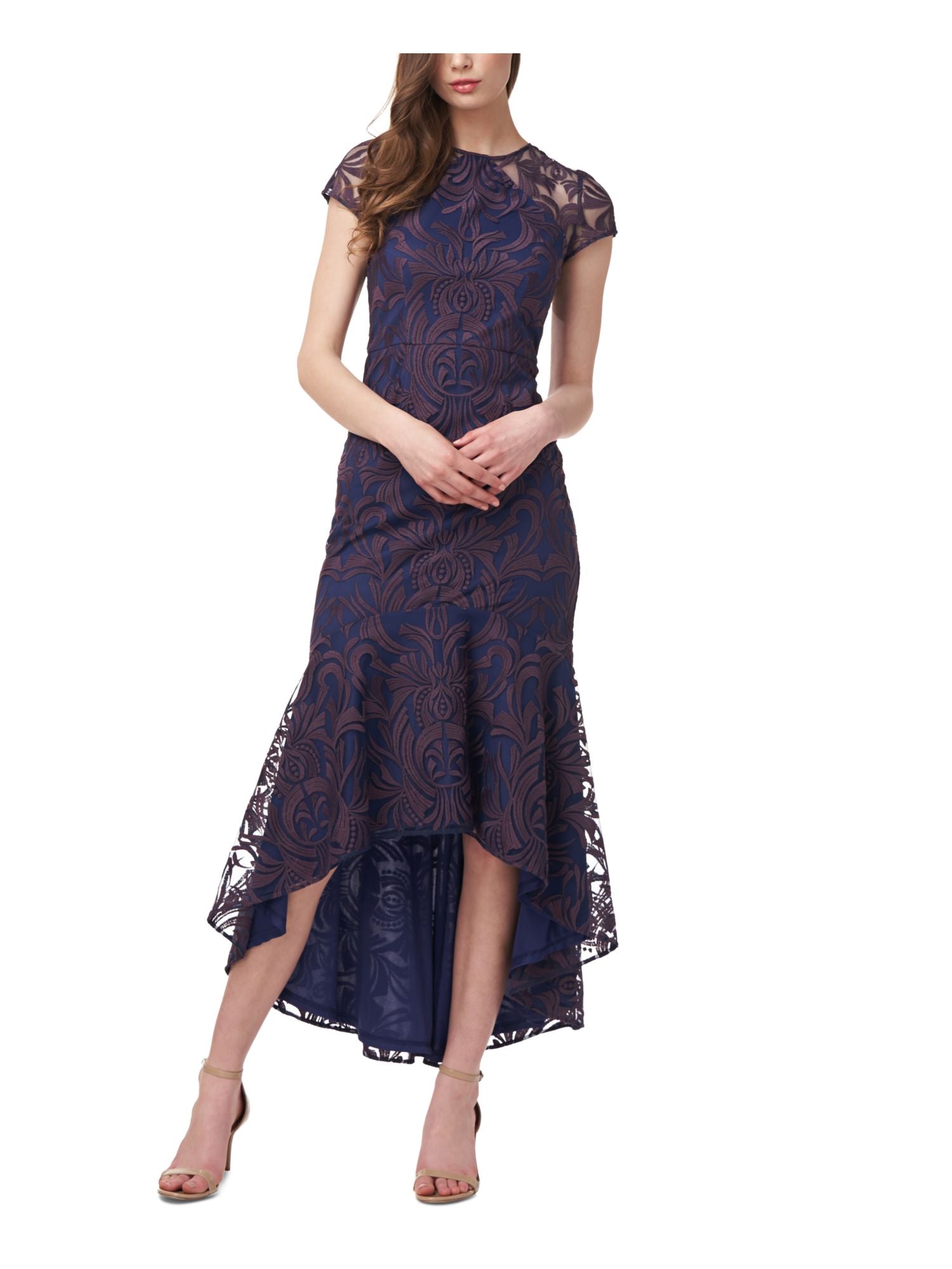 Navy Mesh Embroidered Zippered Lined Cap Sleeve Jewel Neck Maxi Hi-Lo Dress Q9720