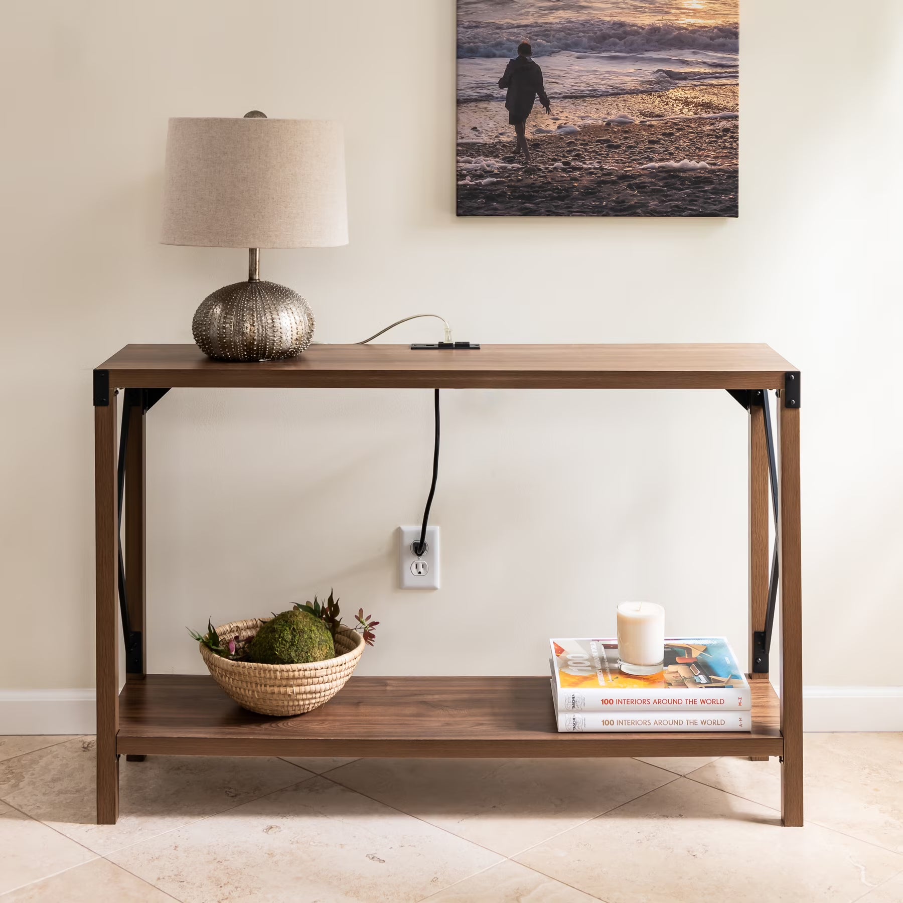 Walnut Wood Console Table with AC Power and USB Charging Ports N8943