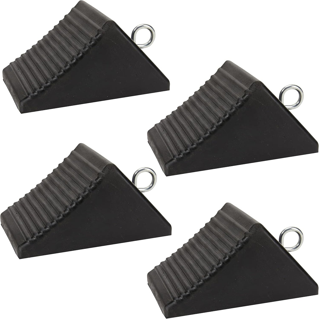 Set of 4 Heavy Duty Nylon Rubber Wheel Chocks with Tie Off Eyebolts L9736