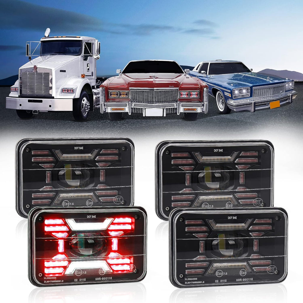 4x6 inch LED Headlights with White Blue DRL Amber Turn Signal E184144