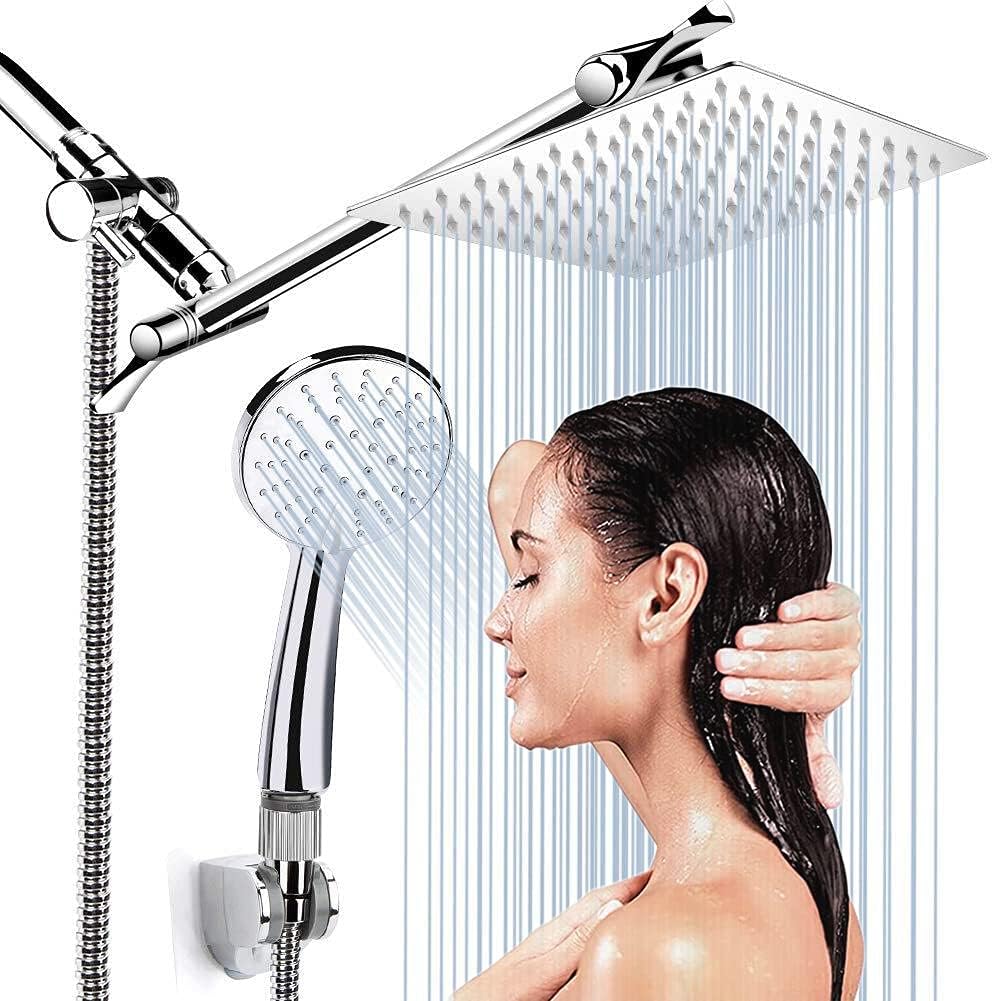 8'' High Pressure Rainfall Shower Head Handheld Combo with 11'' Extension Arm 60'' Hose, Stainless Steel Showerhead with Holder Pack of 2 W835