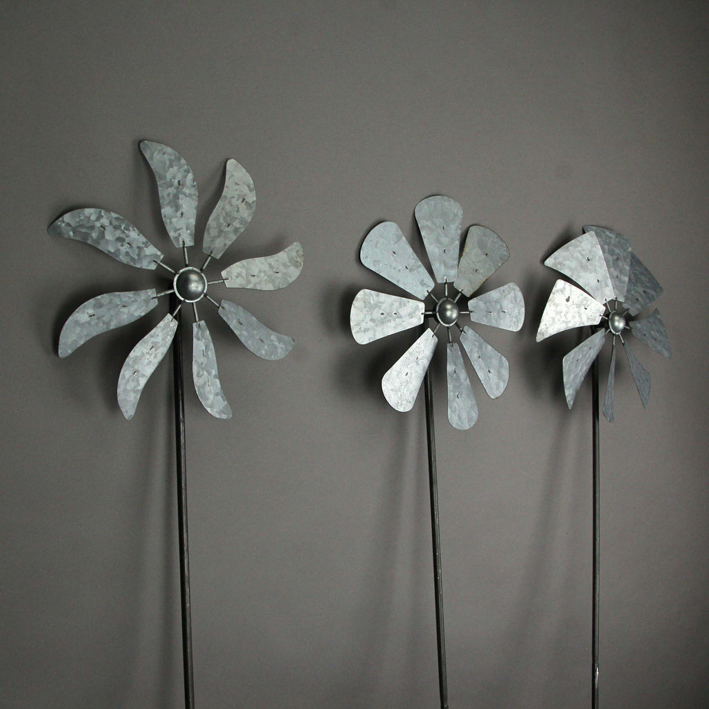 Silver Metal Windmill Wind Spinner Garden Stakes Set of 3 B52112