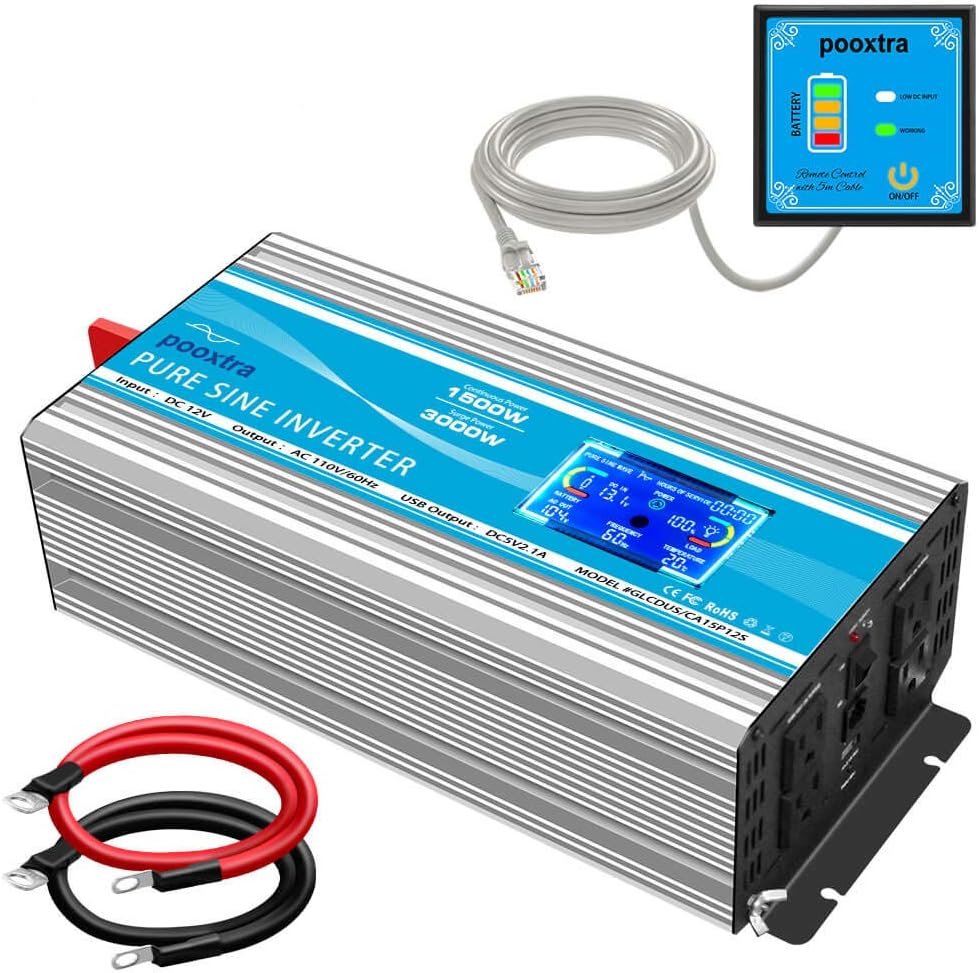 1500 Watt Pure Sine Wave Power Inverter 12V DC to 110V AC with LCD Display USB Port 4 AC Outlets G1945