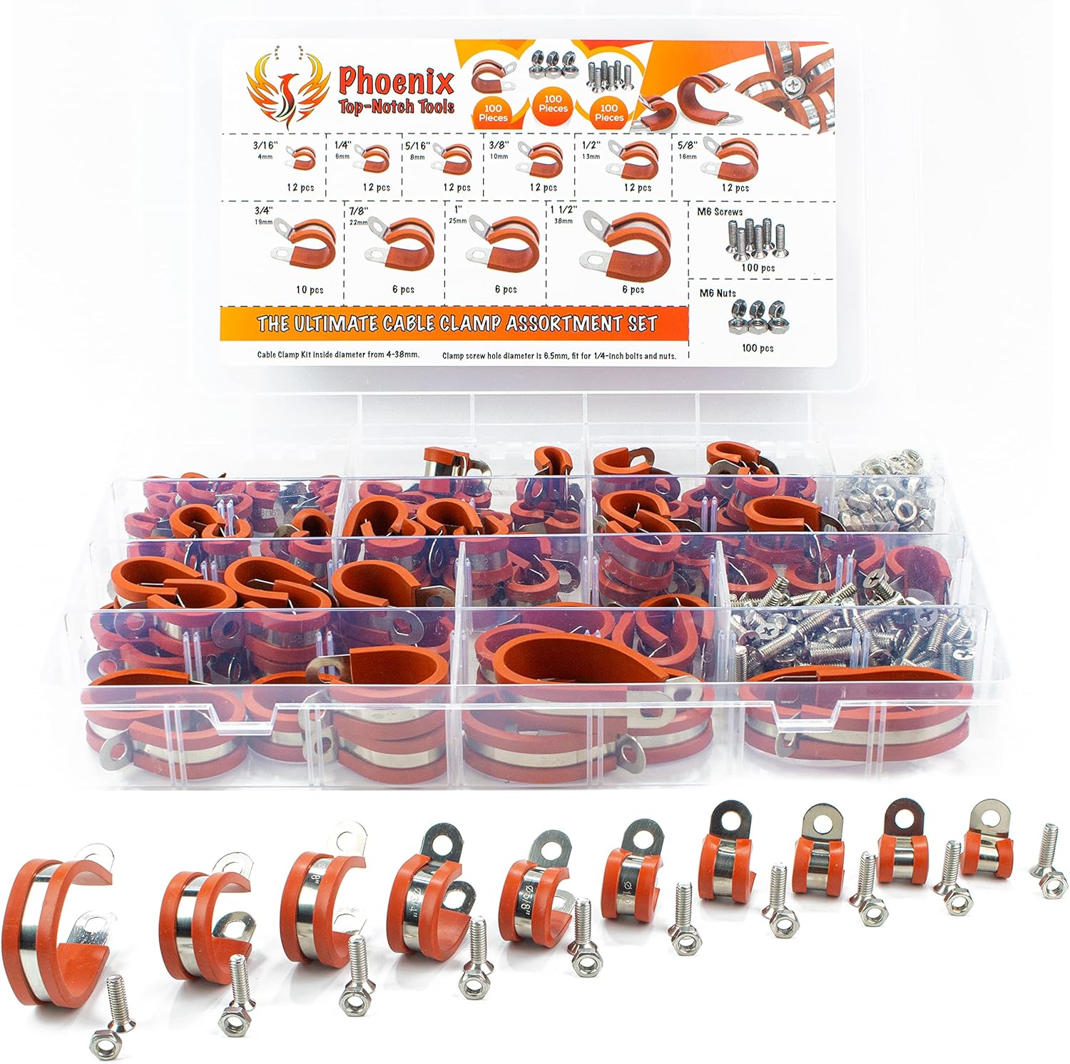 100pcs 304 Stainless Steel Rubber Insulated Cable Clamps and Hose Clamp 10 Sizes U659