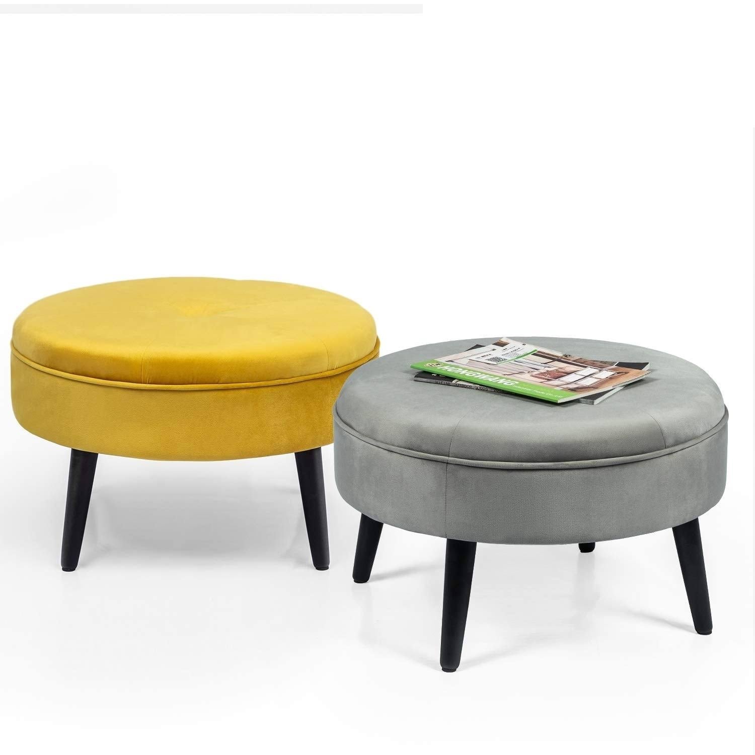 Yellow Round Tufted Fabric Ottoman Y61516