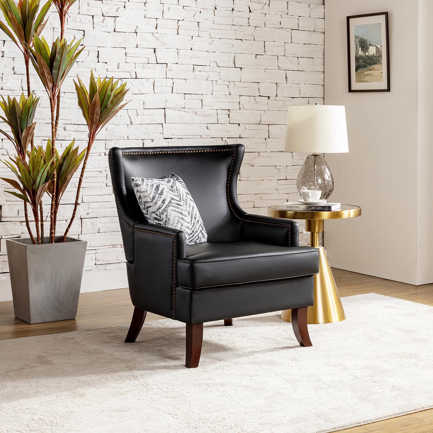 Black Faux Leather Wingback Accent Chair with Nailhead Trim K329