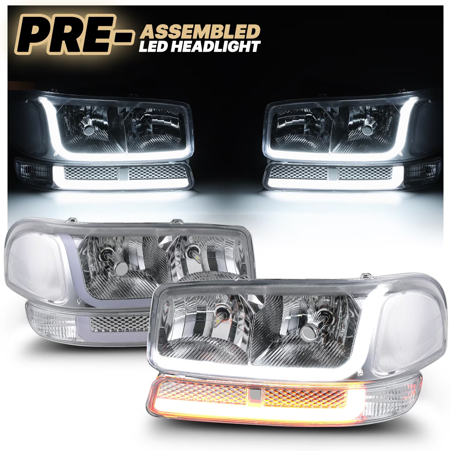Switchback LED Tube DRL Headlights Assembly with 2 Pairs Pre-Assembled LED Bulbs N792349