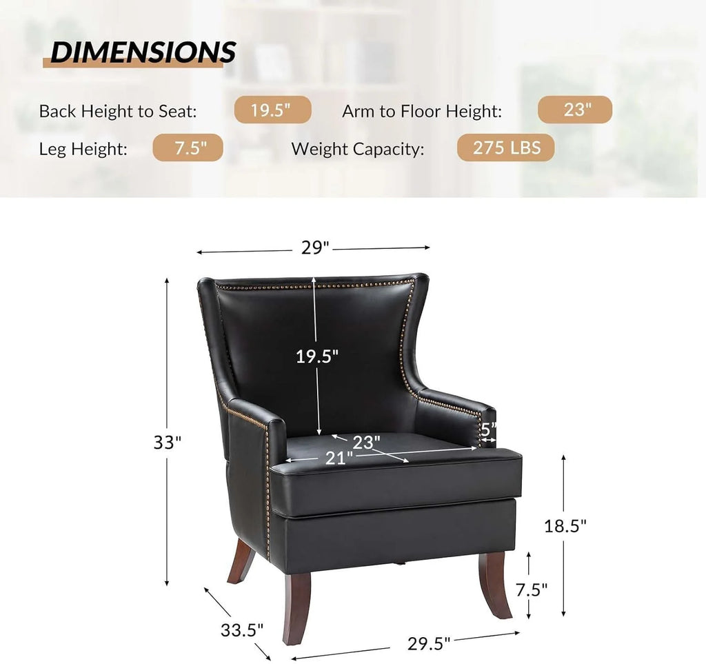 Black Faux Leather Wingback Accent Chair with Nailhead Trim K329