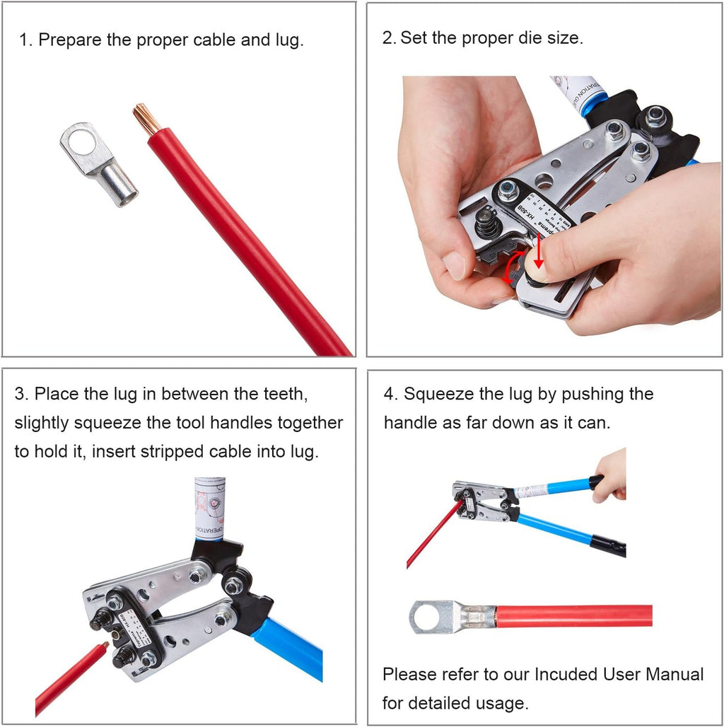 Wire Terminal Crimping Tool Cable Lug Crimper Hand Plier (10, 8, 6, 4, 2, 1/0 AWG Settings) Pack of 2 O226237