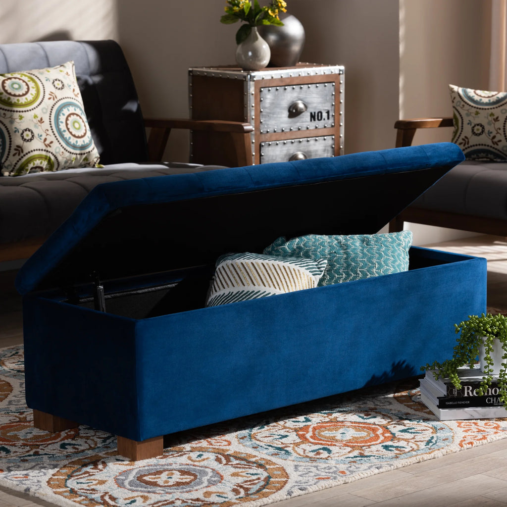Navy Blue Velvet Storage Ottoman Bench Q516483
