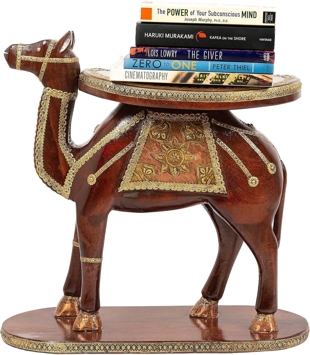 Hand Carved Wooden Elephant Side Table with Brass Accents F22020