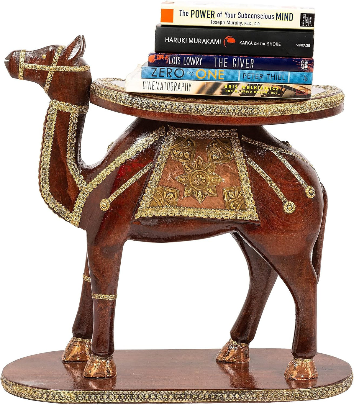 Hand Carved Wooden Elephant Side Table with Brass Accents F22020